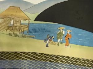 アンティーク　塩瀬　手描き　時代風景模様名古屋帯